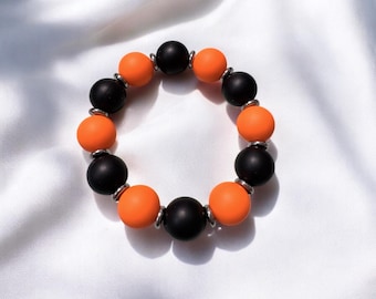 Pulsera de cuentas gruesas naranjas y negras para el día del juego / Joyería para el día del juego / Accesorios negros y naranjas