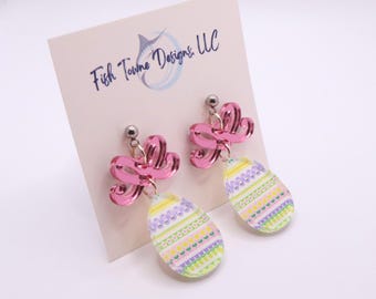 Easter Egg Dangle Earrings with Mirrored Bow – Festive Spring Jewelry