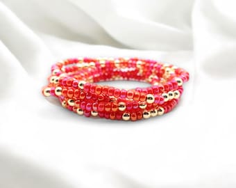 Pulsera rosa y dorada apilada - Pulsera de cuentas rosas - Boho Chic