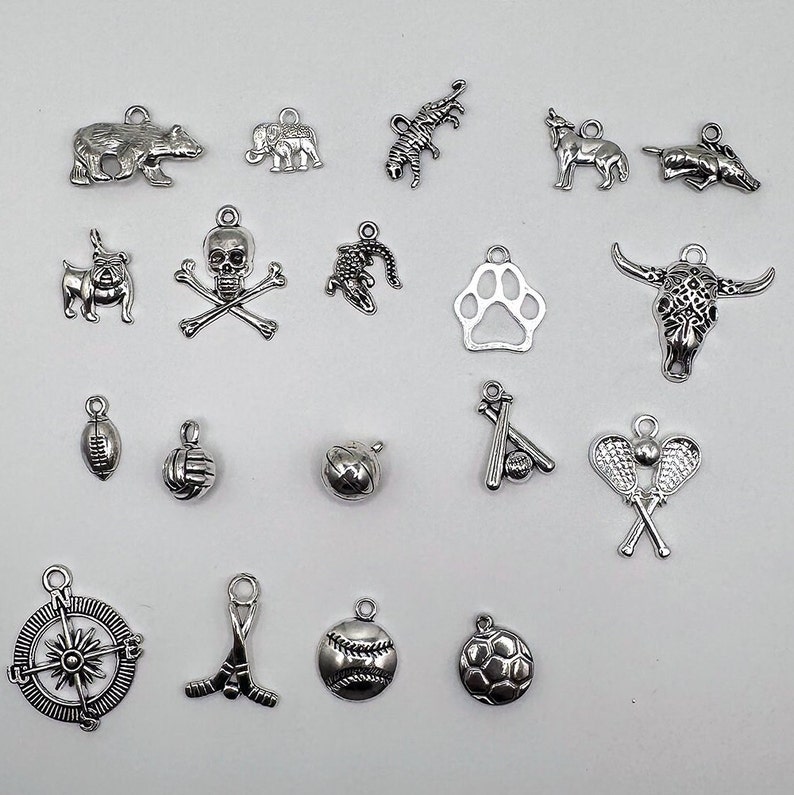 May include: A collection of 18 silver charm pendants featuring various designs, including animals, sports, and symbols. The charms are perfect for adding a personal touch to jewelry or crafts.