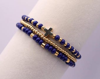 Navy Blue Cross Bracelet Set, Faith Bracelet Stack, 18K Gold Plated Beaded Bracelets, Christian Jewelry Gift, Religious Stretch Bracelet Set