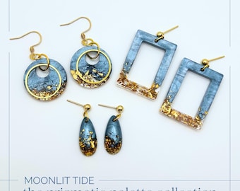 Denim Blue and Gold Resin Earrings - Prismatic Palette Collection - Moonlit Tide