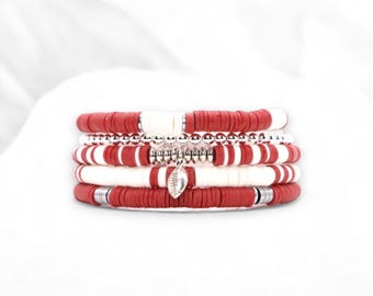 Dark Red and White Game Day Bracelet Stack | Polymer Clay, Sport Charm