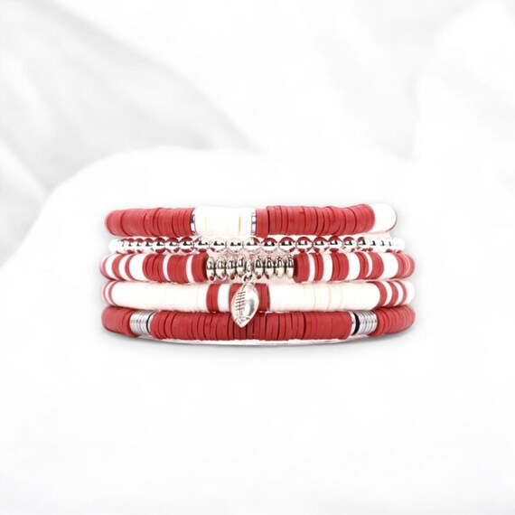 Dark Red and White Game Day Bracelet Stack | Polymer Clay, Sport Charm