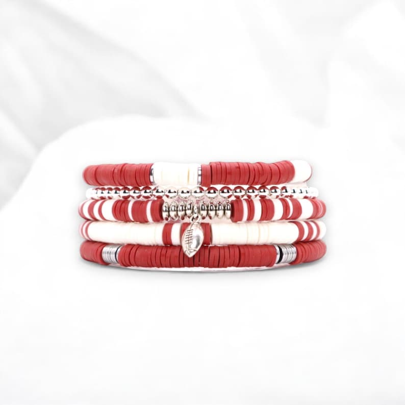 Dark Red and White Game Day Bracelet Stack | Polymer Clay, Sport Charm image 1