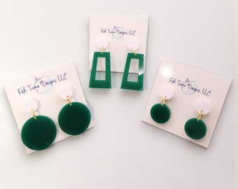 Green and White Acrylic Game Day Earrings – Lightweight Dangle Styles