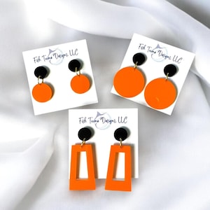Orange and Black Acrylic Game Day Earrings – Circle & Rectangle Dangles