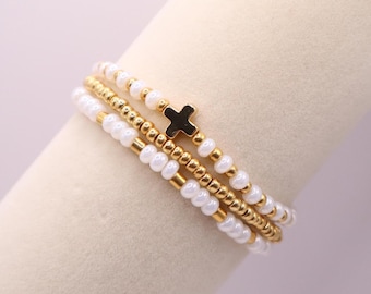 Conjunto de pulseras con cruz blanca, pulseras de fe, pulseras de cuentas chapadas en oro de 18 quilates, regalo de joyería cristiana, conjunto de pulseras elásticas religiosas