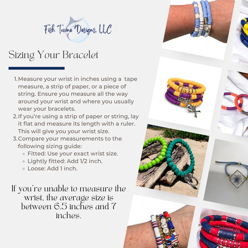 May include: A guide on how to size bracelets, with images of different bracelets in various colors and patterns. The text explains how to measure your wrist using a tape measure, a strip of paper, or a piece of string. It also provides instructions on how to adjust the size of the bracelet based on your preference for a fitted, lightly fitted, or loose fit. The average wrist size is between 6.5 and 7 inches.