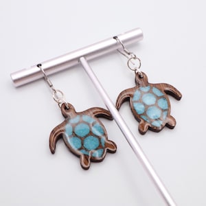 Handmade Black Walnut Sea Turtle Earrings, Resin Shell, Beach Jewelry