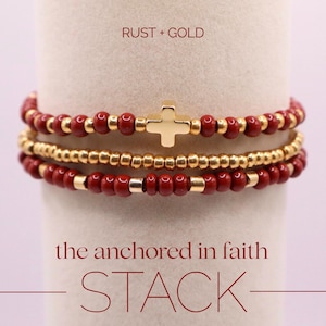 Dark Red Cross Bracelet Set, Faith Bracelet Stack, 18K Gold Plated Beaded Bracelets, Christian Jewelry Gift, Religious Stretch Bracelet Set