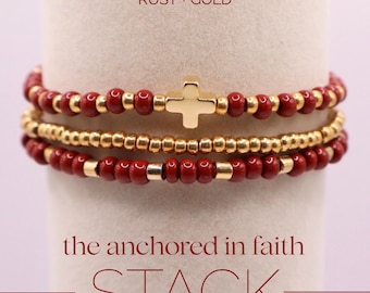 Dark Red Cross Bracelet Set, Faith Bracelet Stack, 18K Gold Plated Beaded Bracelets, Christian Jewelry Gift, Religious Stretch Bracelet Set