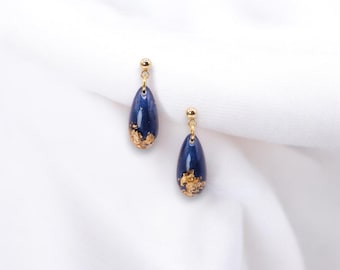Blue and Gold Leaf Resin Dangle Drop Earrings