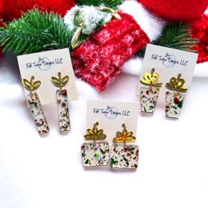 Christmas Present Acrylic Earrings - Festive Holiday Gift Box Dangle Jewelry with Glitter Accents