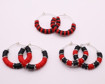 Red and Black Heishi Bead Game Day Hoop Earrings