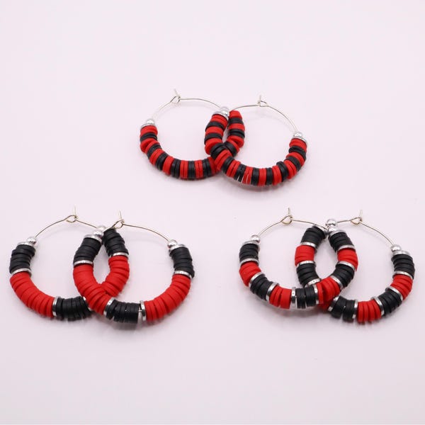 Red and Black Heishi Bead Game Day Hoop Earrings
