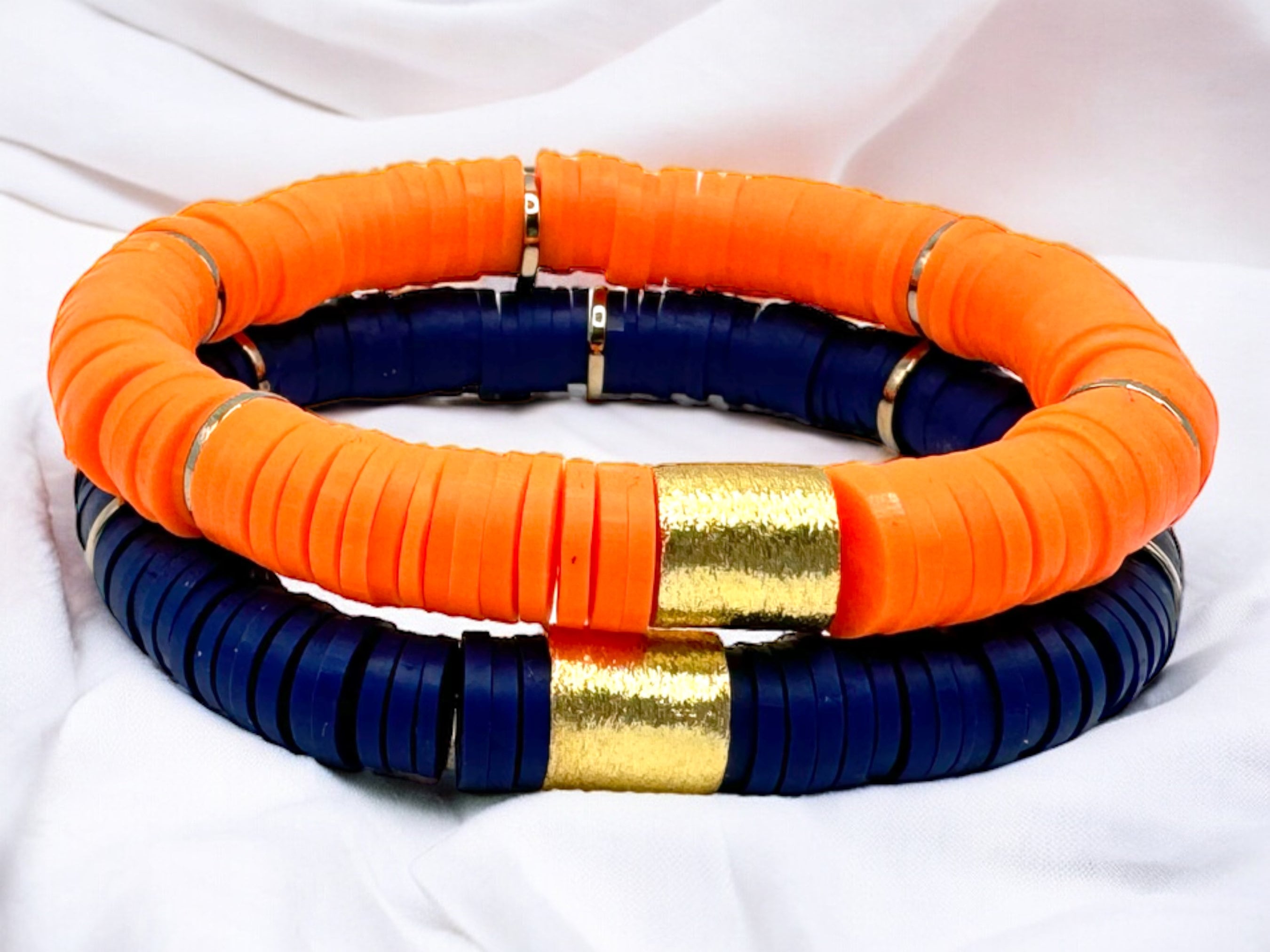 Blue and Orange Heishi Bead Bracelet Stack Game Day Jewelry School