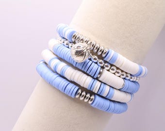 Light Blue and White Game Day Heishi Bead Bracelet Stack