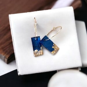 Navy Blue and Gold Leaf Resin Bar Earrings on Gold Hoops - Handmade Minimalist Jewelry