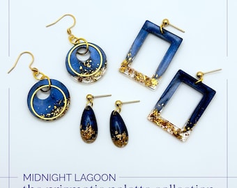 Pendientes de resina azul marino y dorado - Colección Prismatic Palette - Laguna de Medianoche