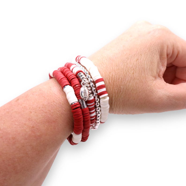 Dark Red and White Game Day Bracelet Stack | Polymer Clay, Sport Charm image 2