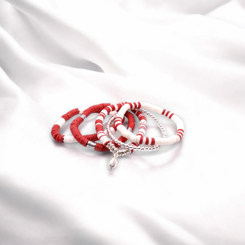 Dark Red and White Game Day Bracelet Stack | Polymer Clay, Sport Charm image 3
