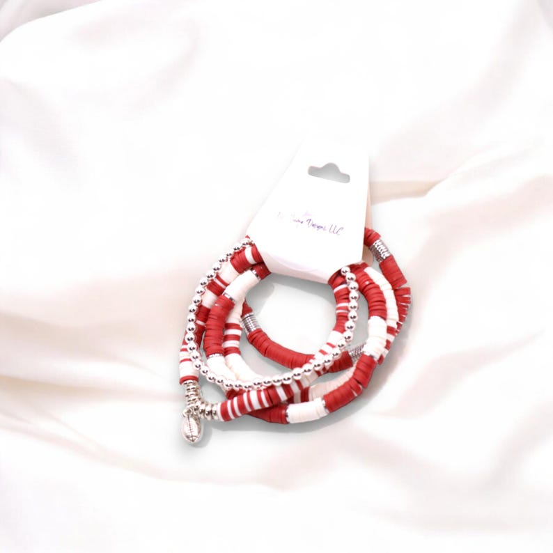 Dark Red and White Game Day Bracelet Stack | Polymer Clay, Sport Charm image 8