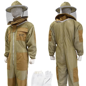 May include: Beekeeping suit with a checkered pattern in shades of brown and tan, featuring a zip-up front, multiple pockets, and a protective hood with a mesh veil. Includes white gloves. The suit is designed for beekeeping.