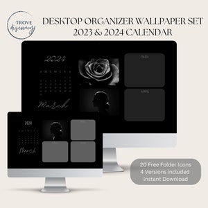 Desktop Organizer | 2023-2024 Black design with monthly calendar and folder icons