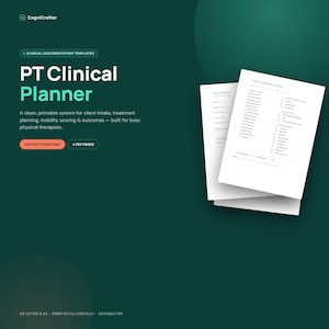 May include: A digital PT Clinical Planner template set featuring white printable pages with checklists for client intake and treatment planning. The dark green background displays the text CogniCrafter, PT Clinical Planner, and 4 PDF pages.