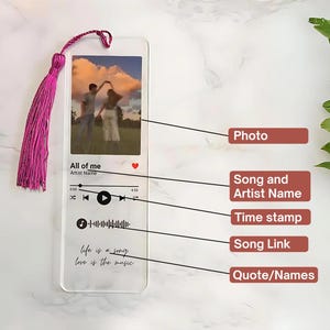 Personalized Music Player Album Cover Bookmark with Tassel, Custom sptfy music cover, Book mark for him, Couple picture, Music lover gift