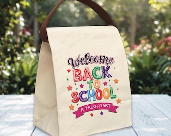 Welcome Back To School Lunch Bag, Cute Canvas Handbag Teacher Appreciation Gift, Picnic Tote A Fresh Start Rainbow School Food Bag