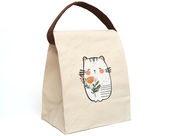 Lancheira com ilustração floral de gato | Lancheira de lona com alça