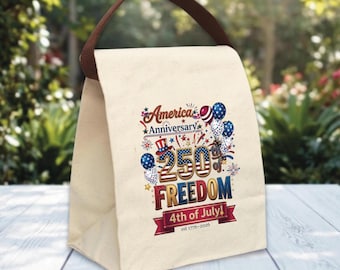 Bolsa para el almuerzo del 250 aniversario, bolso de lona para el almuerzo del 4 de julio (EE. UU.), bolsa de picnic vintage patriótica, bolsa para la comida del Día de la Independencia.