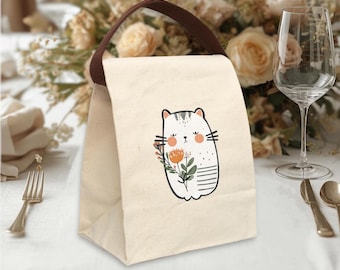Floral Cat Illustration Lunch Bag | Canvas Lunch Bag with Strap