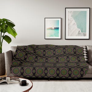 Coperta Sherpa minimalista con mandala / Plaid geometrico grigio reversibile, biancheria da letto di lusso in morbido pile