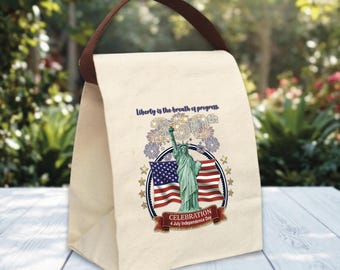 Bolsa para el almuerzo de la Estatua de la Libertad, lonchera patriótica del 4 de julio (250 aniversario), picnic del Día de la Independencia, bolsa de regalo de cerámica con la bandera de EE. UU.