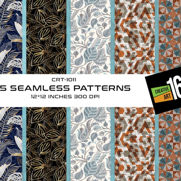 Printable Textile Pattern Pack - Set of Five Seamless Designs for Fabric Projects, Printable Pattern Artwork, Home Textile Pattern