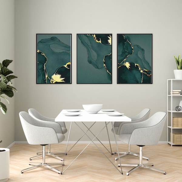 Marble Elegance Trio - Set of 3 Green and Gold Marble Wall Art Prints - A3 and A4 Sizes - Instant Download - Artful Art