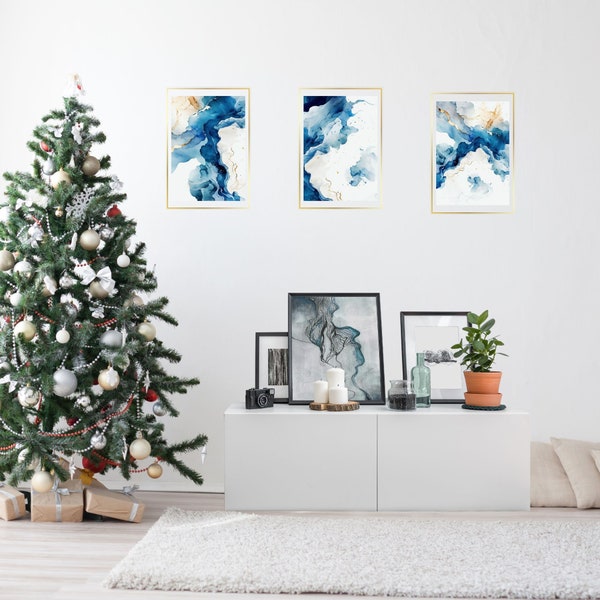 Marble Elegance Trio - Set of 3 Blue and White Marble Wall Art Prints - A3 and A4 Sizes - Instant Download - Artful Art