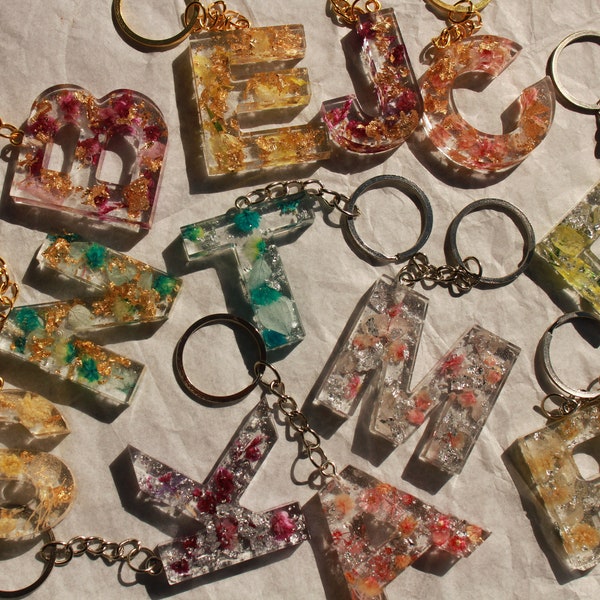 Single floral letter key ring with hand dried flowers and foil