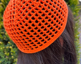 Orange Hand-Crocheted Skull Cap Party Hat