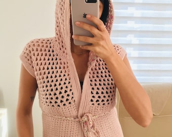 Handmade crochet hooded vest in soft pink, knit vest,