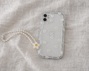 Transparent iPhone case with daisies, Daisy Phone Case with pearl necklace, Floral transparent phone case, Coquette Aesthetic iPhone Case