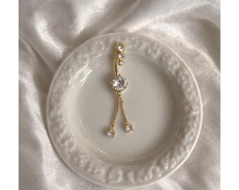 Gold Belly Button Ring, Navel Piercing Gold with Zirconia, Dangle Belly Piercing, Crystal Belly Button Ring, Dangling Navel Piercing
