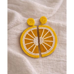 Boho Zitronen Ohrringe Perlen, Lemon Earrings Statement, Summer Vibes Schmuck,Fruit Inspired Jewelry,Beaded Statement Earrings,Mediterranean