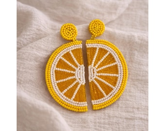 Boho Zitronen Ohrringe Perlen, Lemon Earrings Statement, Summer Vibes Schmuck,Fruit Inspired Jewelry,Beaded Statement Earrings,Mediterranean