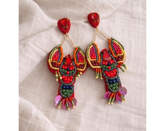 Boho Statement Hummer Ohrringe Bunt, Lobster Earrings, Beaded Statement Jewelry, Sommer Schmuck, Beach Party Earrings, Bold Fashion Piece