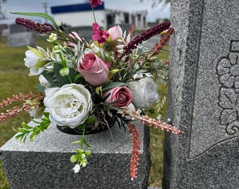 Pink and White Roses Memorial Flower Arrangement for Vase | Cemetery flowers use as vase Filler or stick in ground with removable stake
