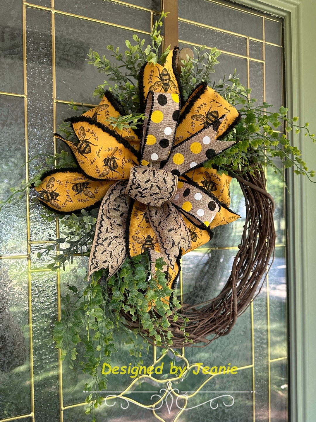 Honey Bee Wreath Front Door, Kitchen Wreath, Oval Grapevine Wreath, Bee ...